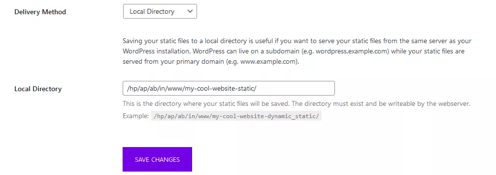 WordPress simply static settings for local directory on the server