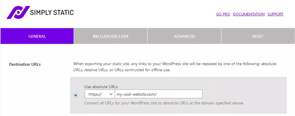 WordPress simply static settings for absolute URL